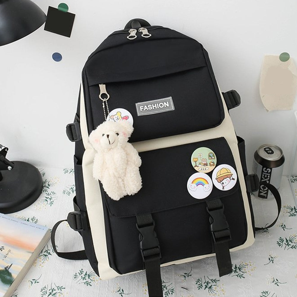 School backpack black 4in1 with set - bag, pencil case, keychain bear Main pattern sport