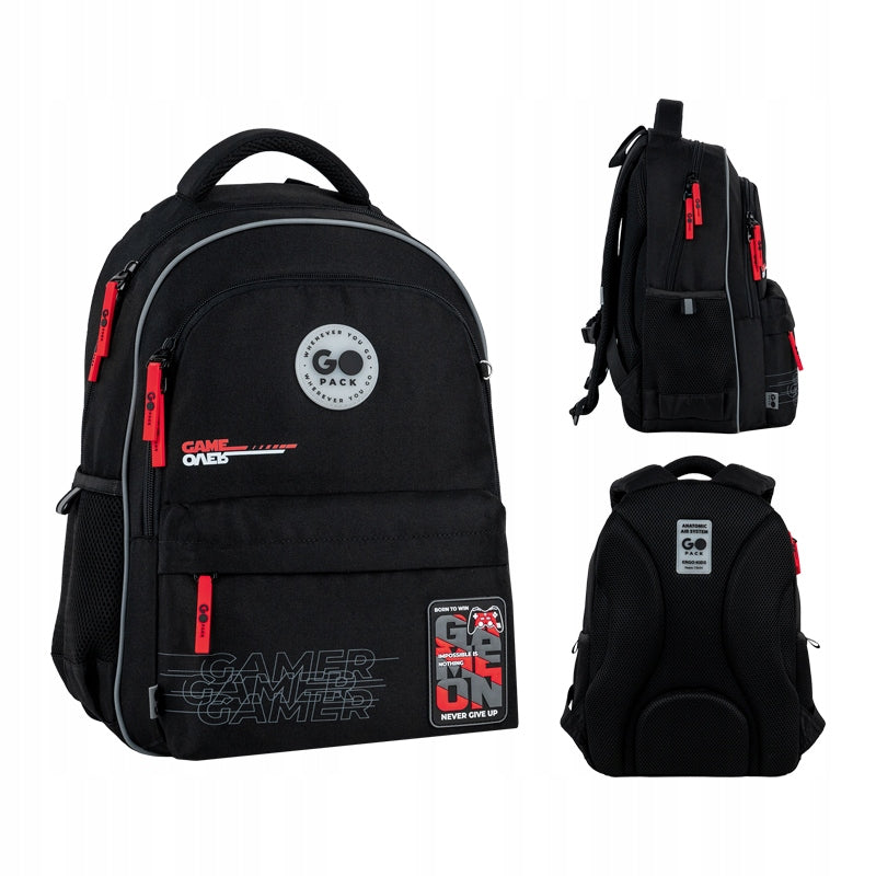 School backpack black for boys 4-7 multi-chamber GoPack
