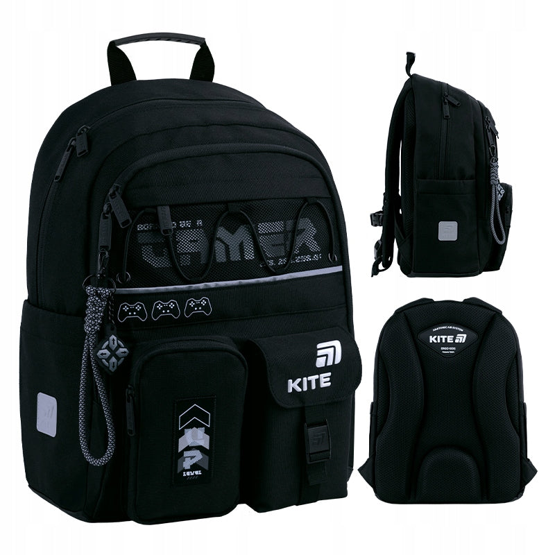 School backpack black for boys 6-12 years multi-pocket Game Kite