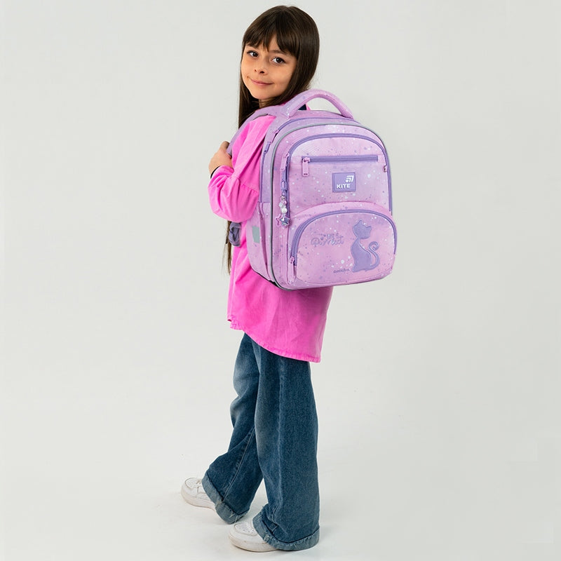 School backpack cat for girls class 1-4 pink with reflectors Kite Packaging status original