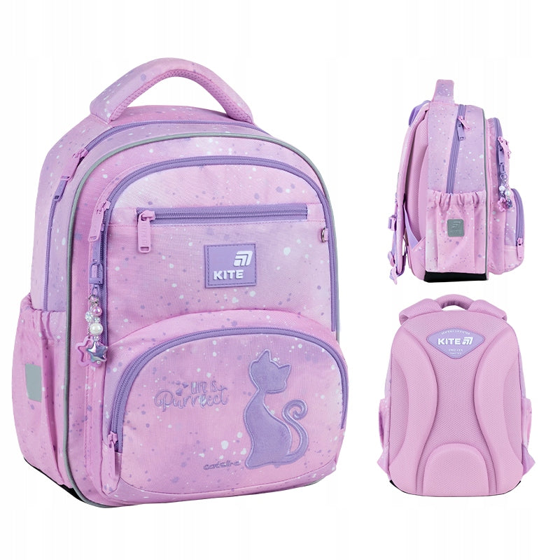 School backpack cat for girls class 1-4 pink with reflectors Kite