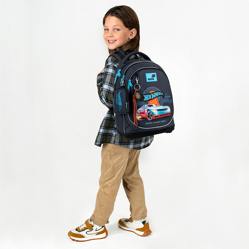 School backpack for boy 6-8 years blue with keychain Hot Wheels Kite Packaging status original