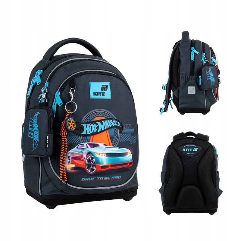 School backpack for boy 6-8 years blue with keychain Hot Wheels Kite