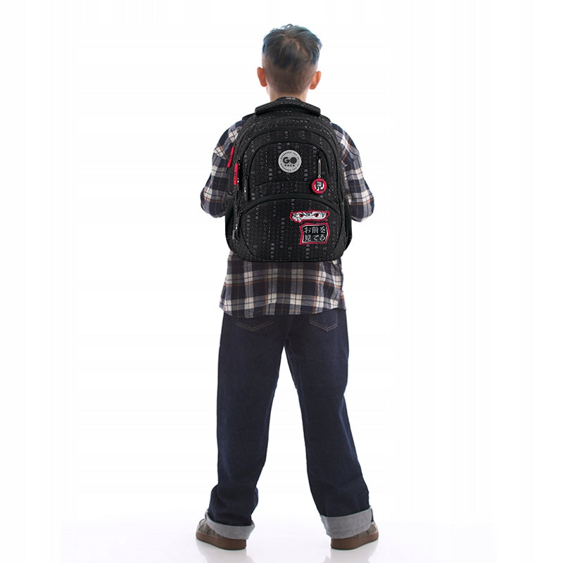 School backpack for boys class1-6 multi-chamber black with keychain GoPack Packaging status original