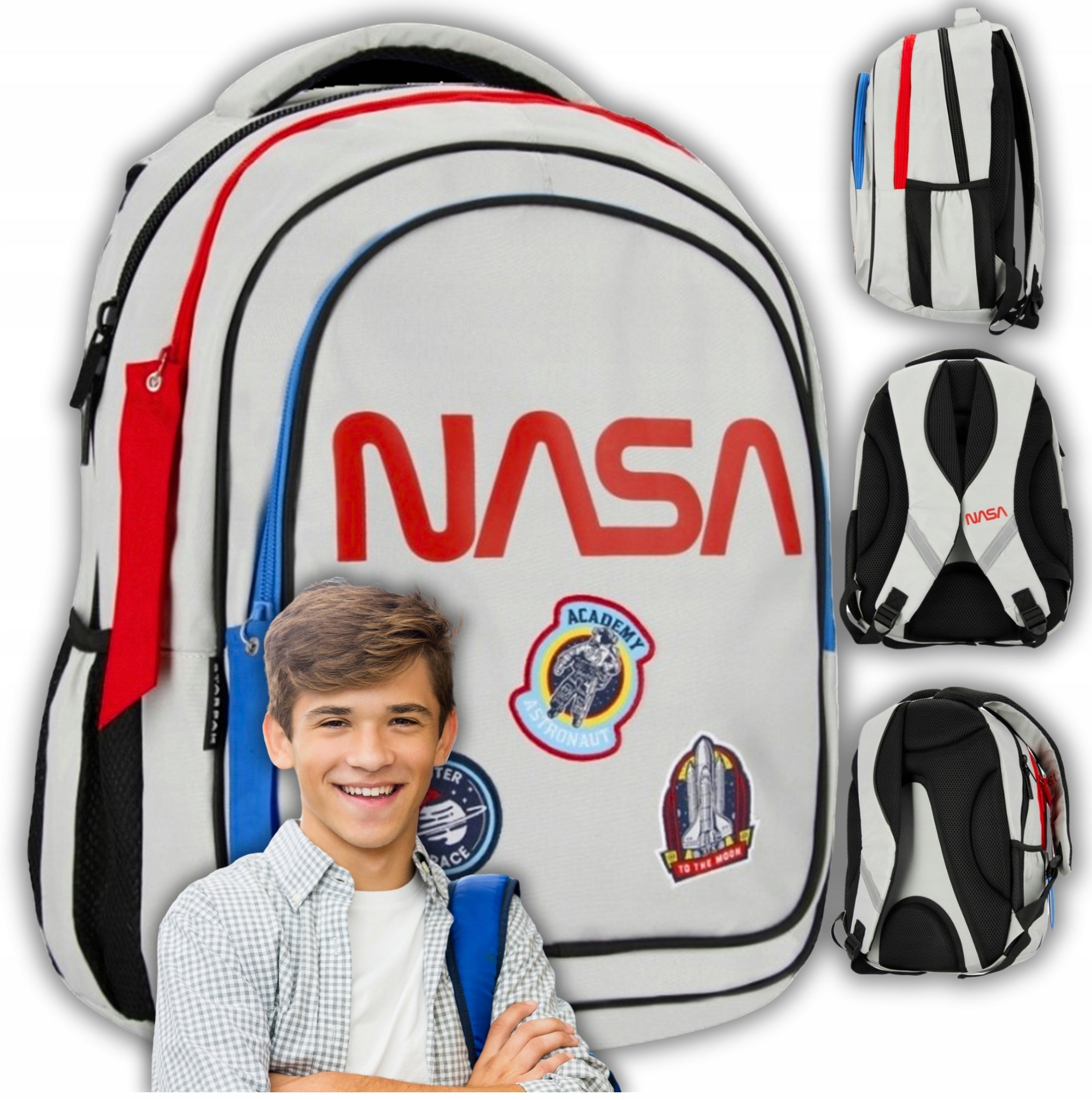 School backpack for children youth large multi-chamber motif NASA grey