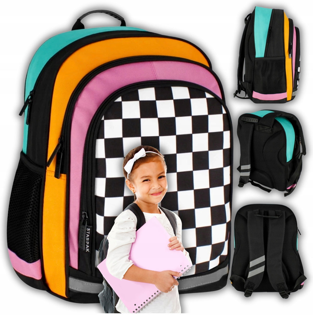 School backpack for children youth large multi-chamber theme chessboard
