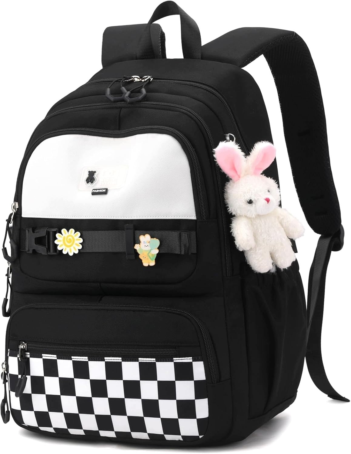 School backpack for girls 29 l black lightweight waterproof with pendant