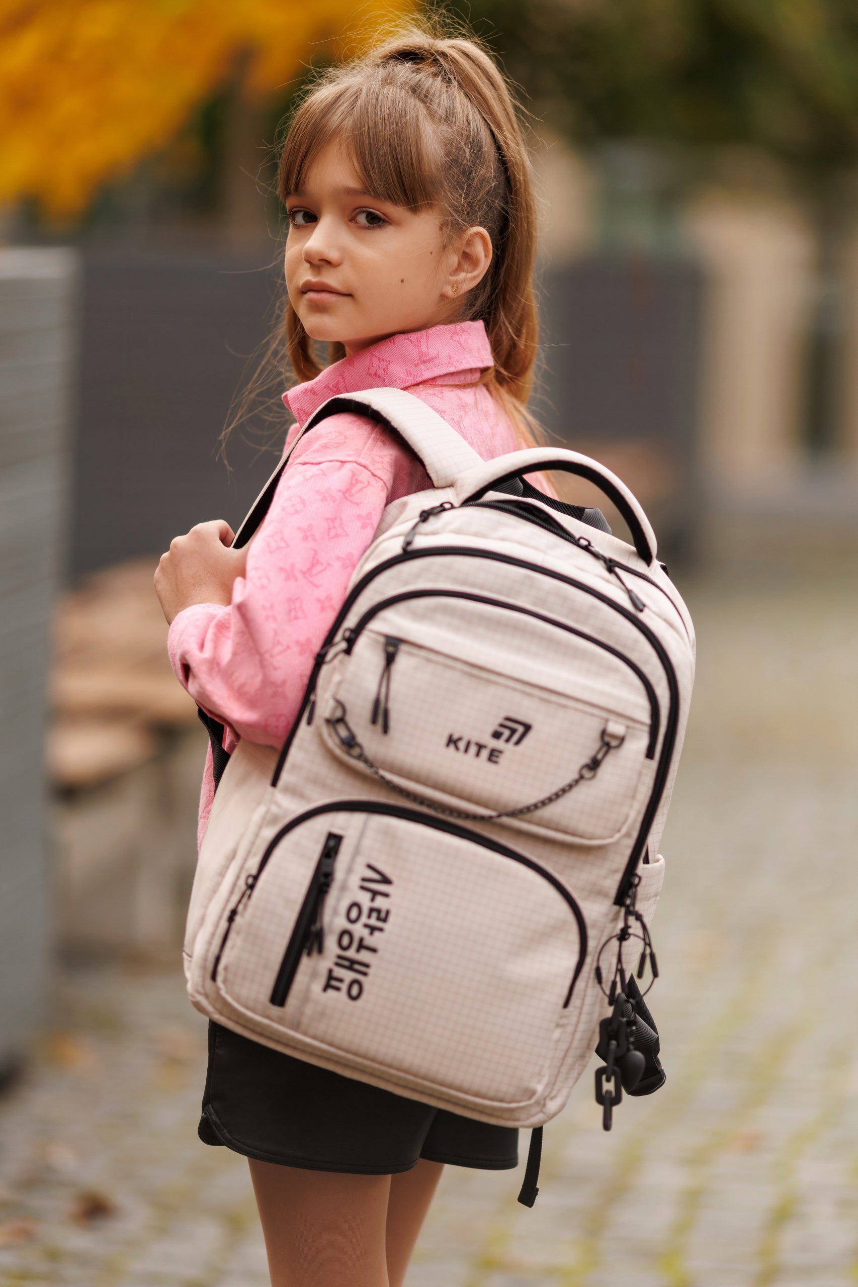 School backpack for girls 9-12 years beige with keychain Kite Packaging status original
