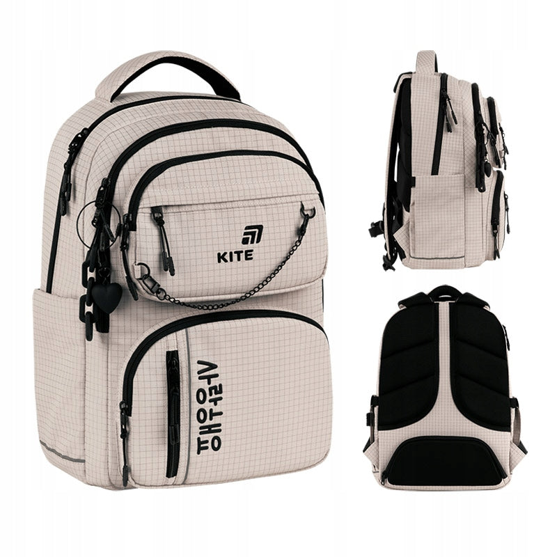 School backpack for girls 9-12 years beige with keychain Kite