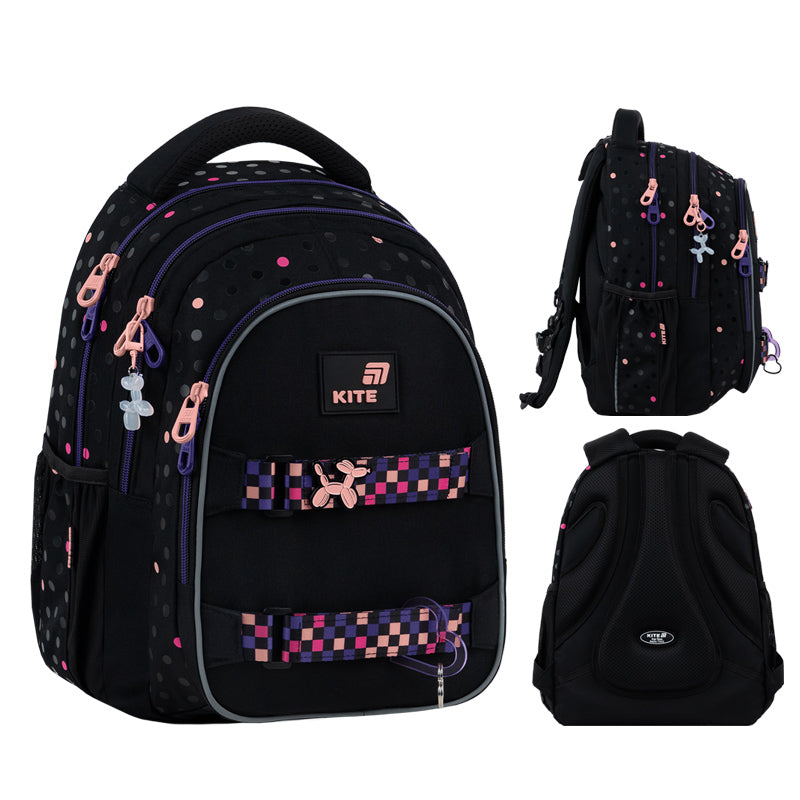 School backpack for girls 9-12 years black with keychain Kite