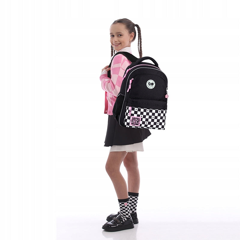 School backpack for girls multi-chamber black checkered GoPack Packaging status original