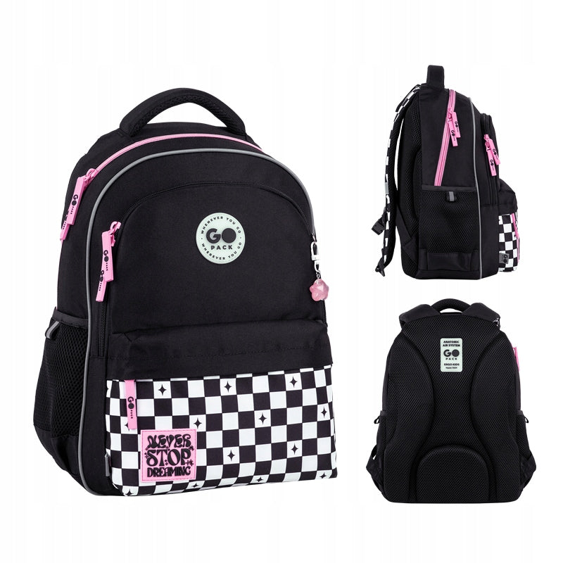 School backpack for girls multi-chamber black checkered GoPack