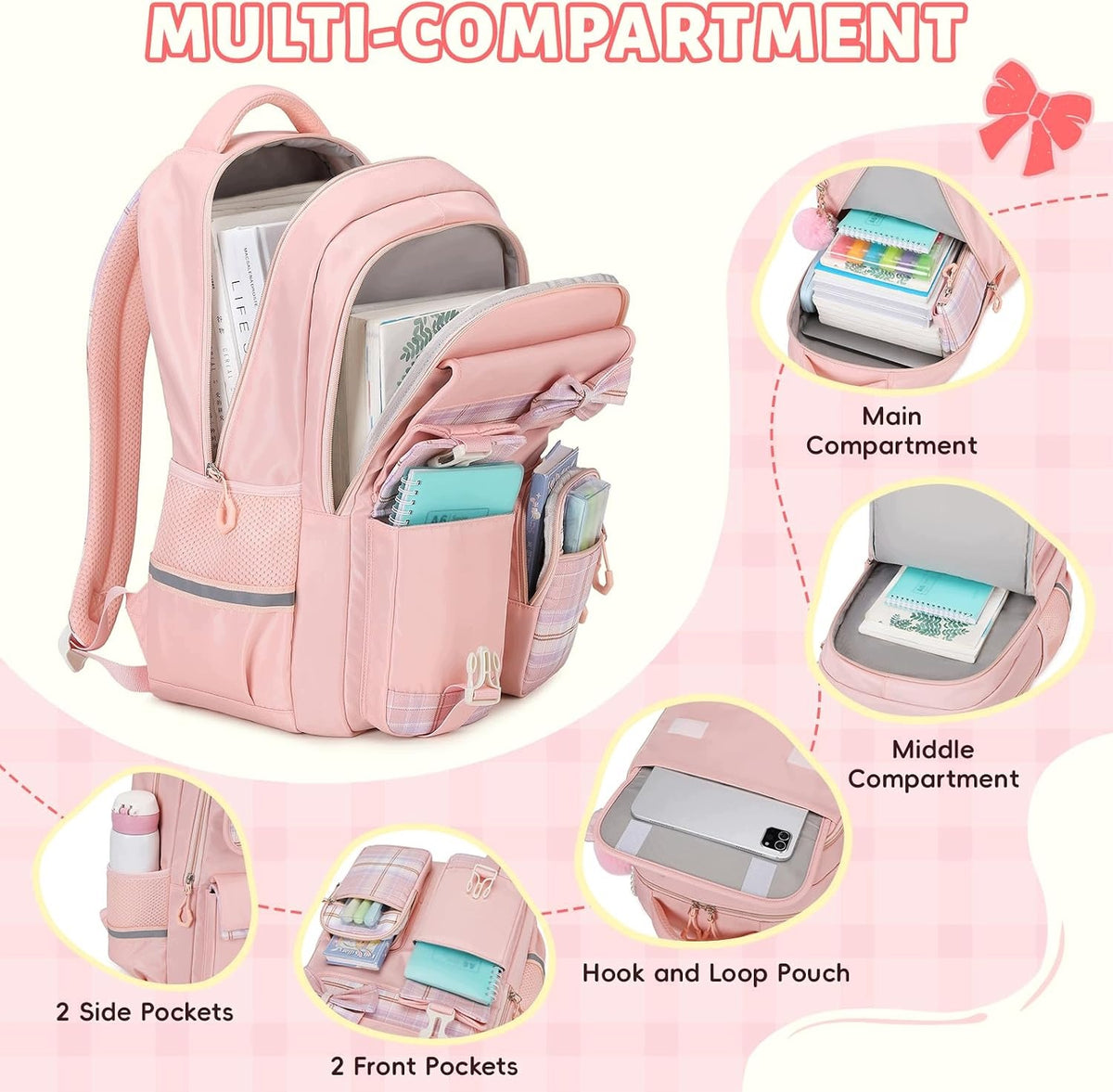School backpack for girls pink checkered Kawaii 9-16 years Manufacturer code 5908133982949