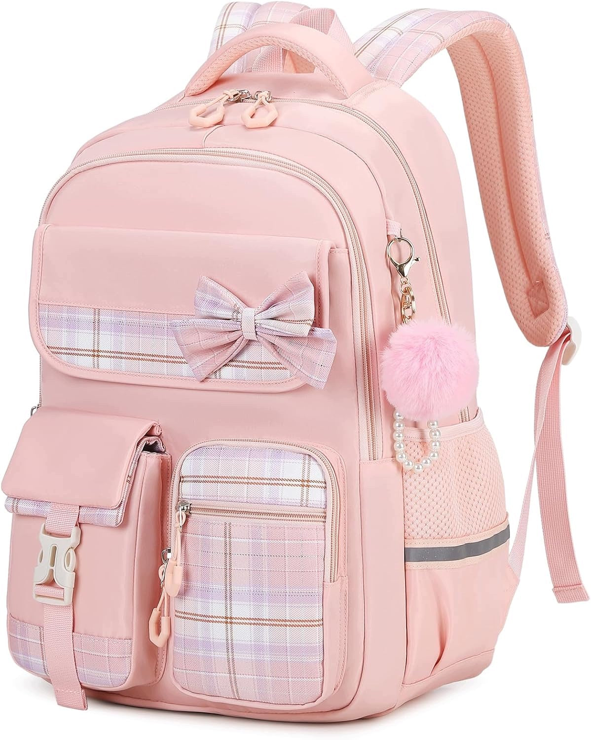 School backpack for girls pink checkered Kawaii 9-16 years