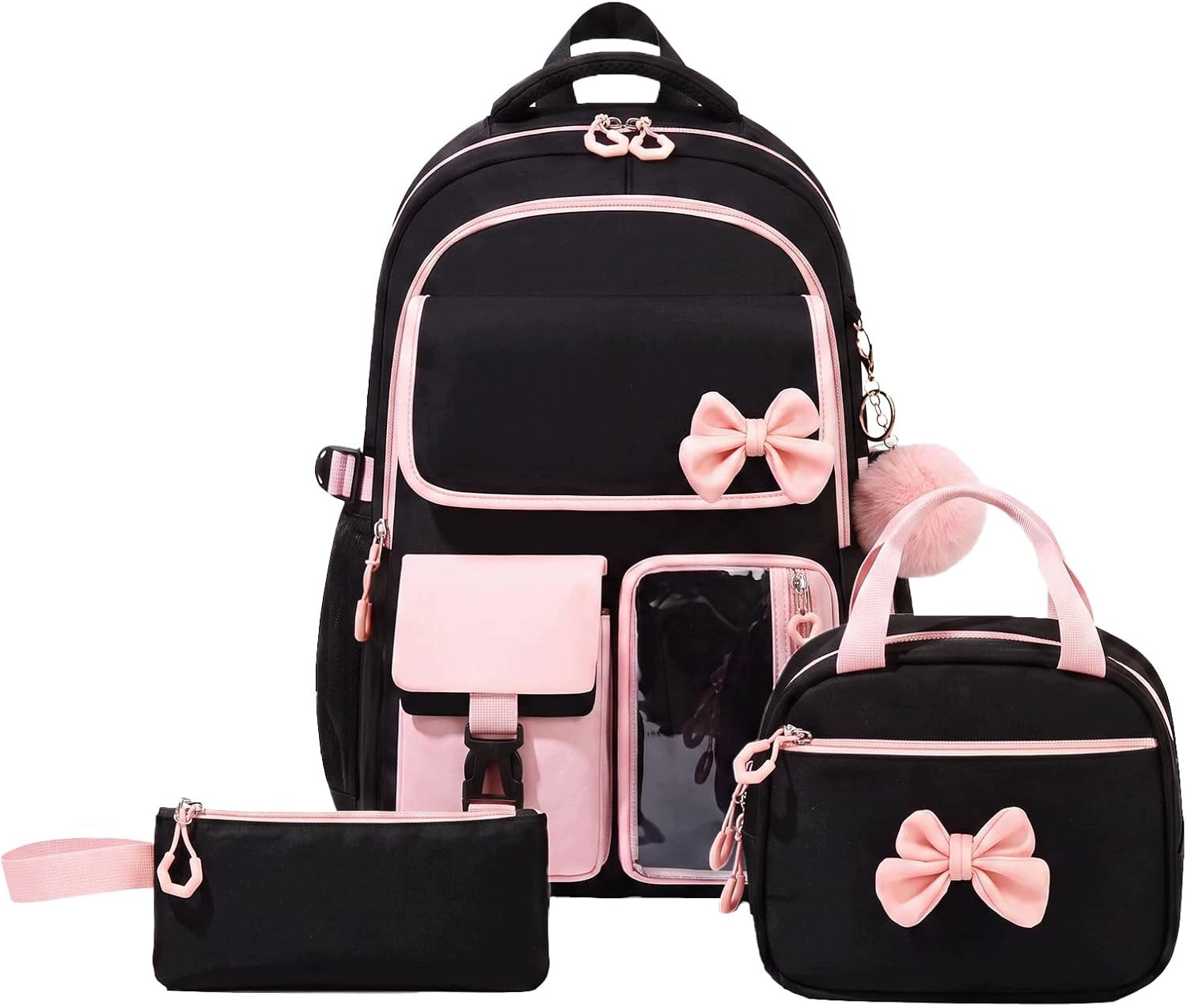 School backpack for teenagers 10-18 years pink 3-piece with pencil case