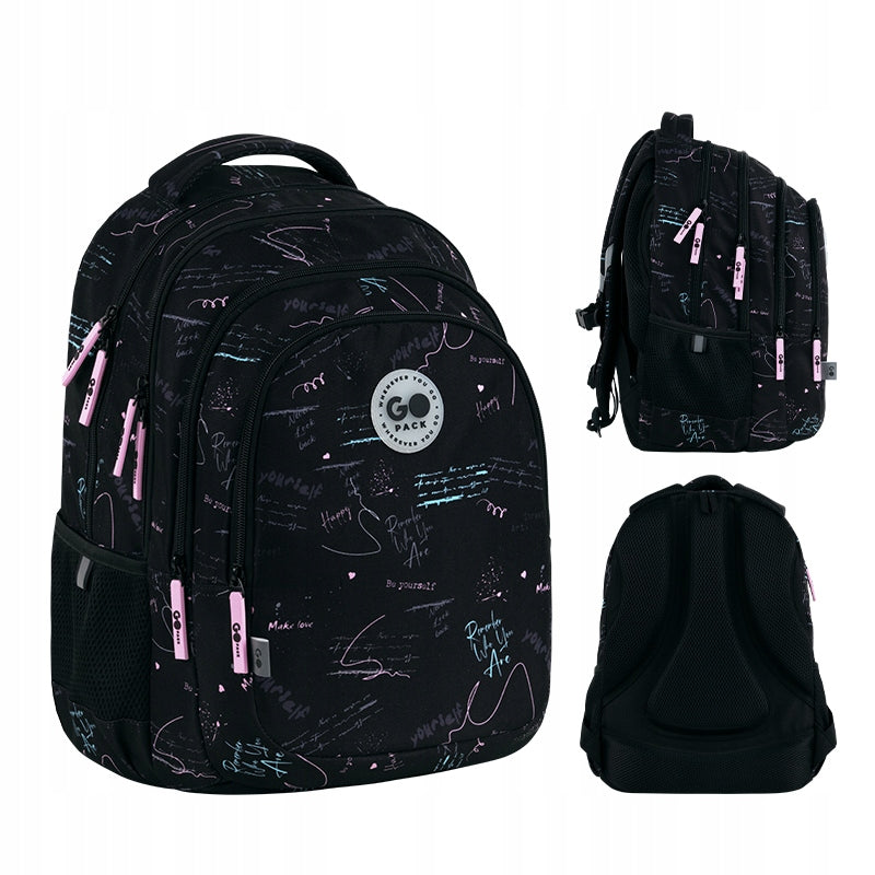 School backpack girls anatomical 3 compartments black GoPack