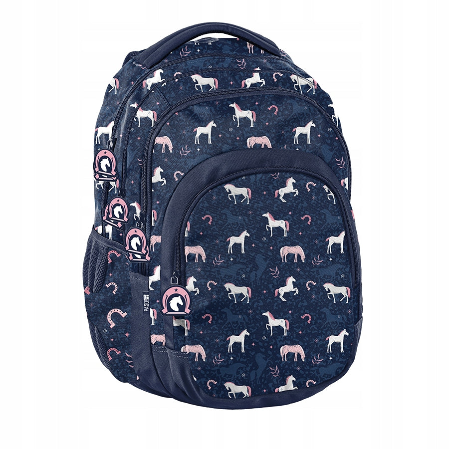 School backpack horses Paso navy blue roomy for girls class 4 5 6