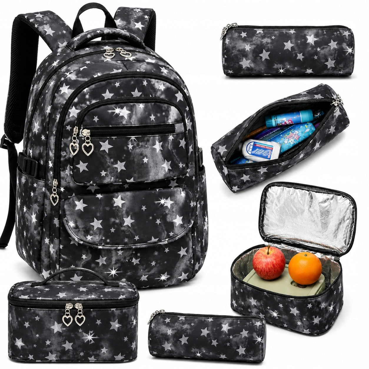 School backpack satchel + Pencil case Thermal bag breakfast Black