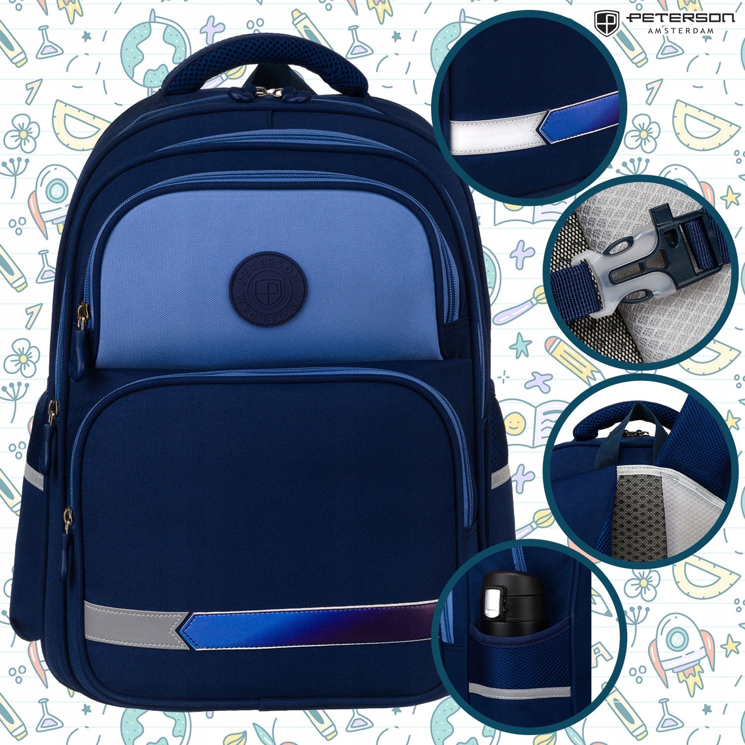 School backpack satchel for children 20L A4 reflectors navy blue Peterson Manufacturer code PTN PS1-6050 NAVY