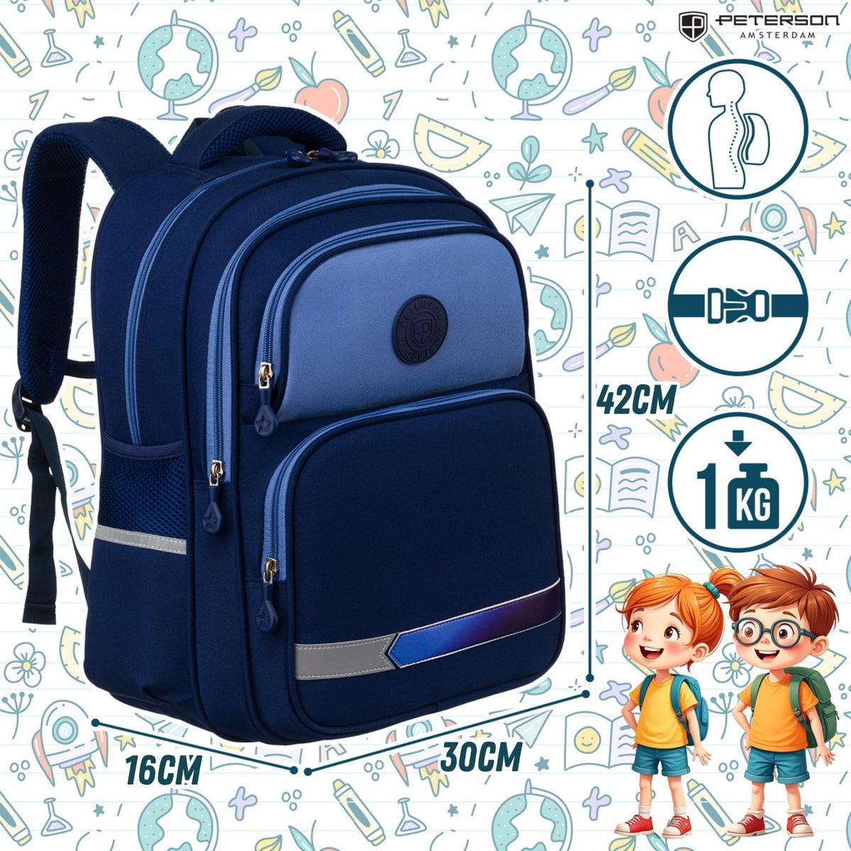 School backpack satchel for children 20L A4 reflectors navy blue Peterson Packaging status original