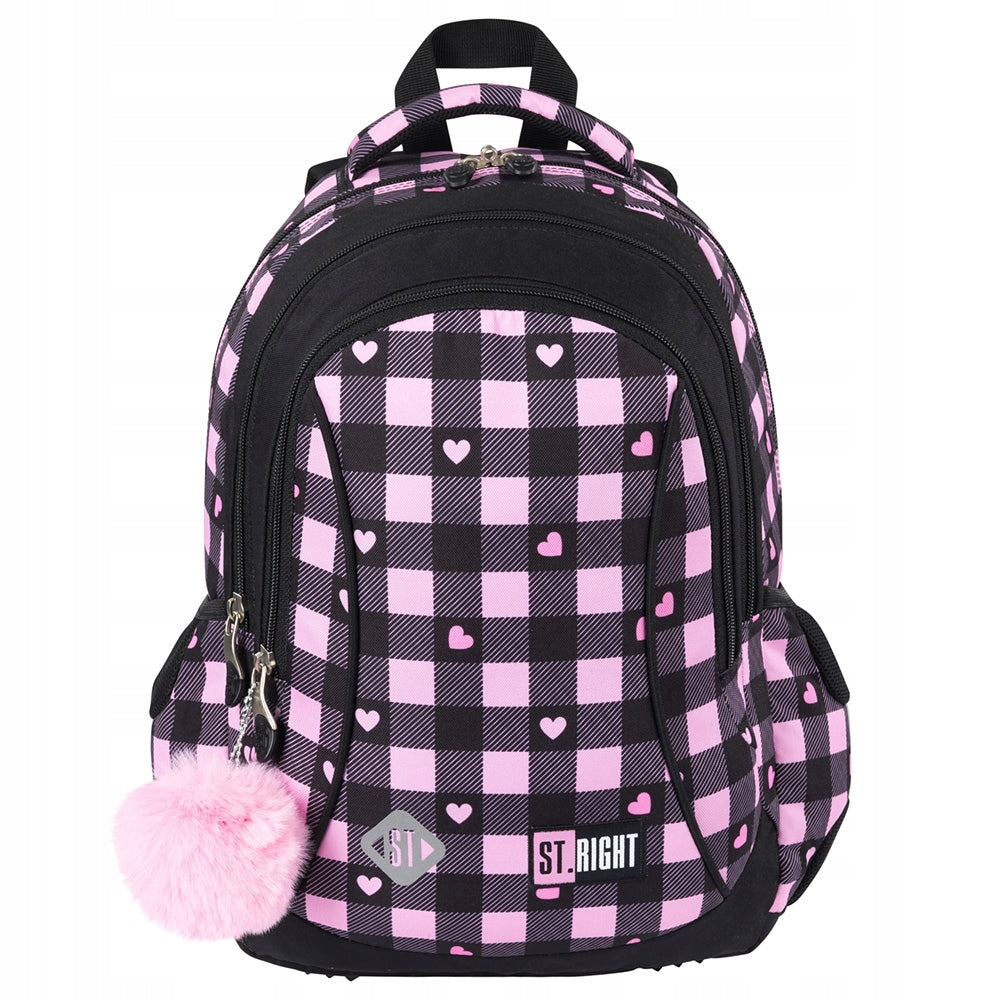 School backpack three compartments black and pink ST.RIGHT kl 5-8 chessboard heart