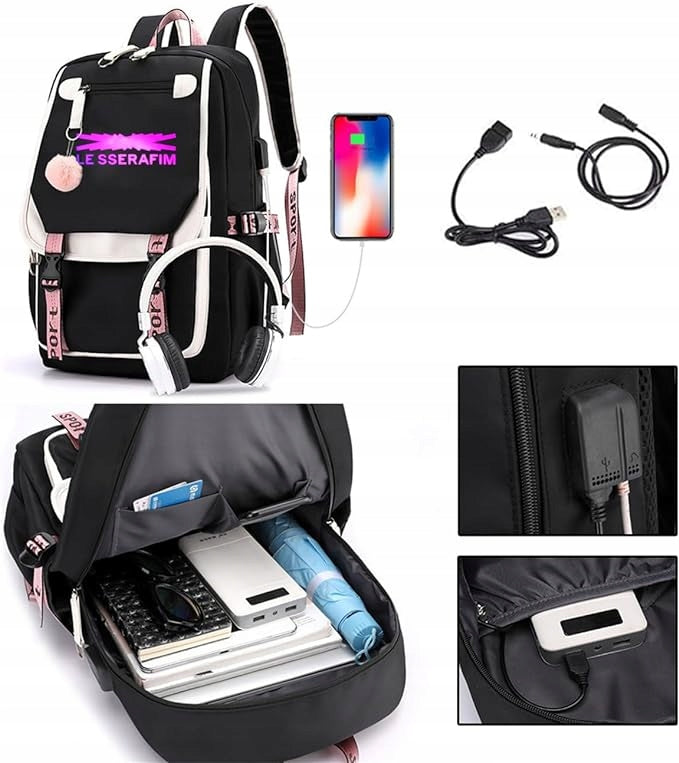 School backpack with pompom bunny single compartment with USB port Brand 4F