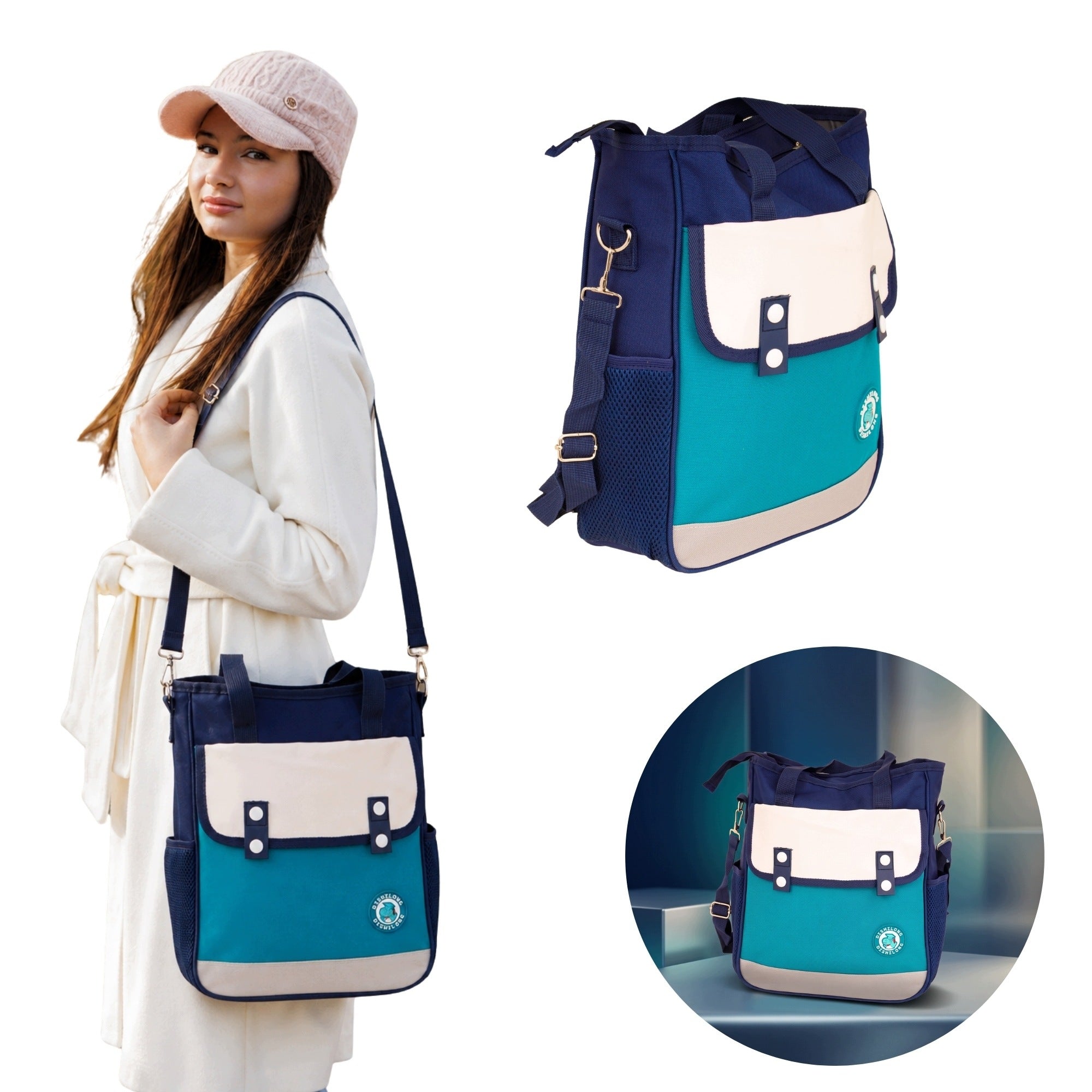 School bag A4 shoulder SHOPPER navy blue turquoise waterproof