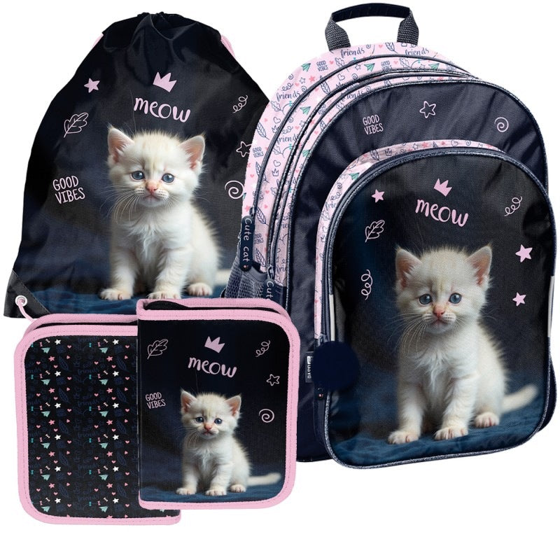 School set BACKPACK satchel pencil case bag White Kitten