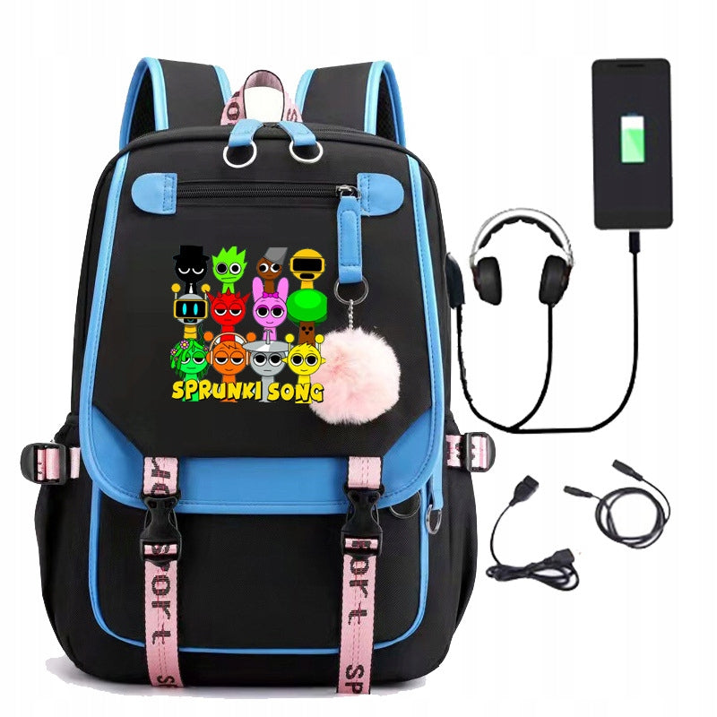 Schoolbag Sprunki Rhythm Box Student Shoulder Bag USB and Audio Cable, blue