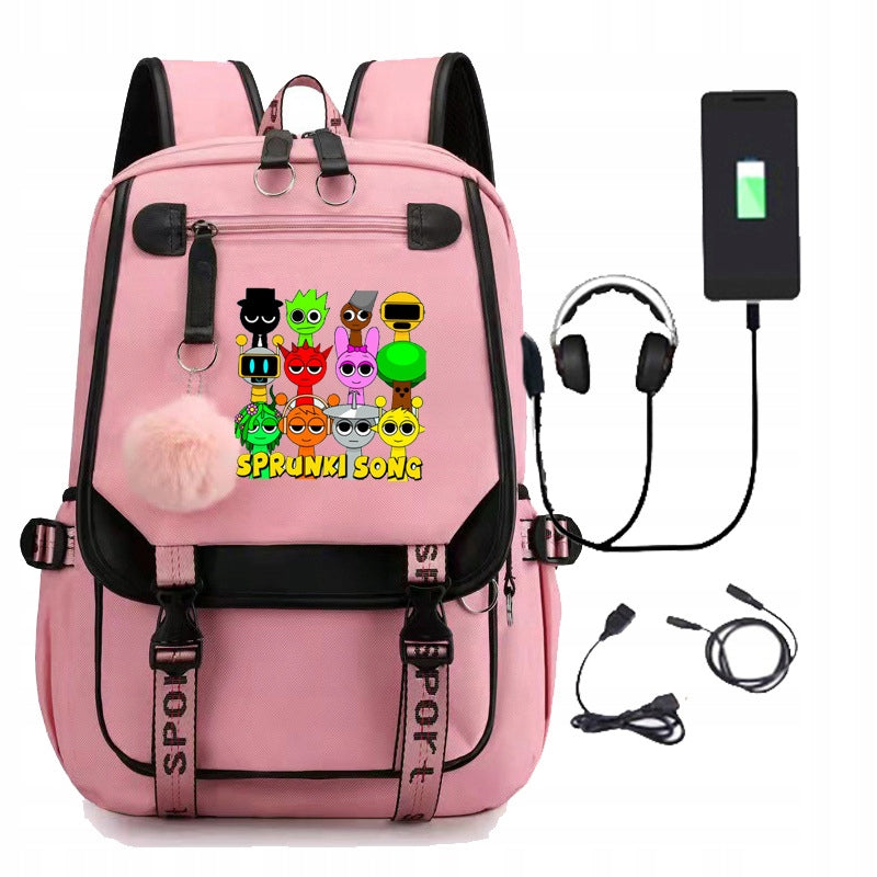 Schoolbag Sprunki Rhythm Box Student Shoulder Bag USB and Audio Cable, pink