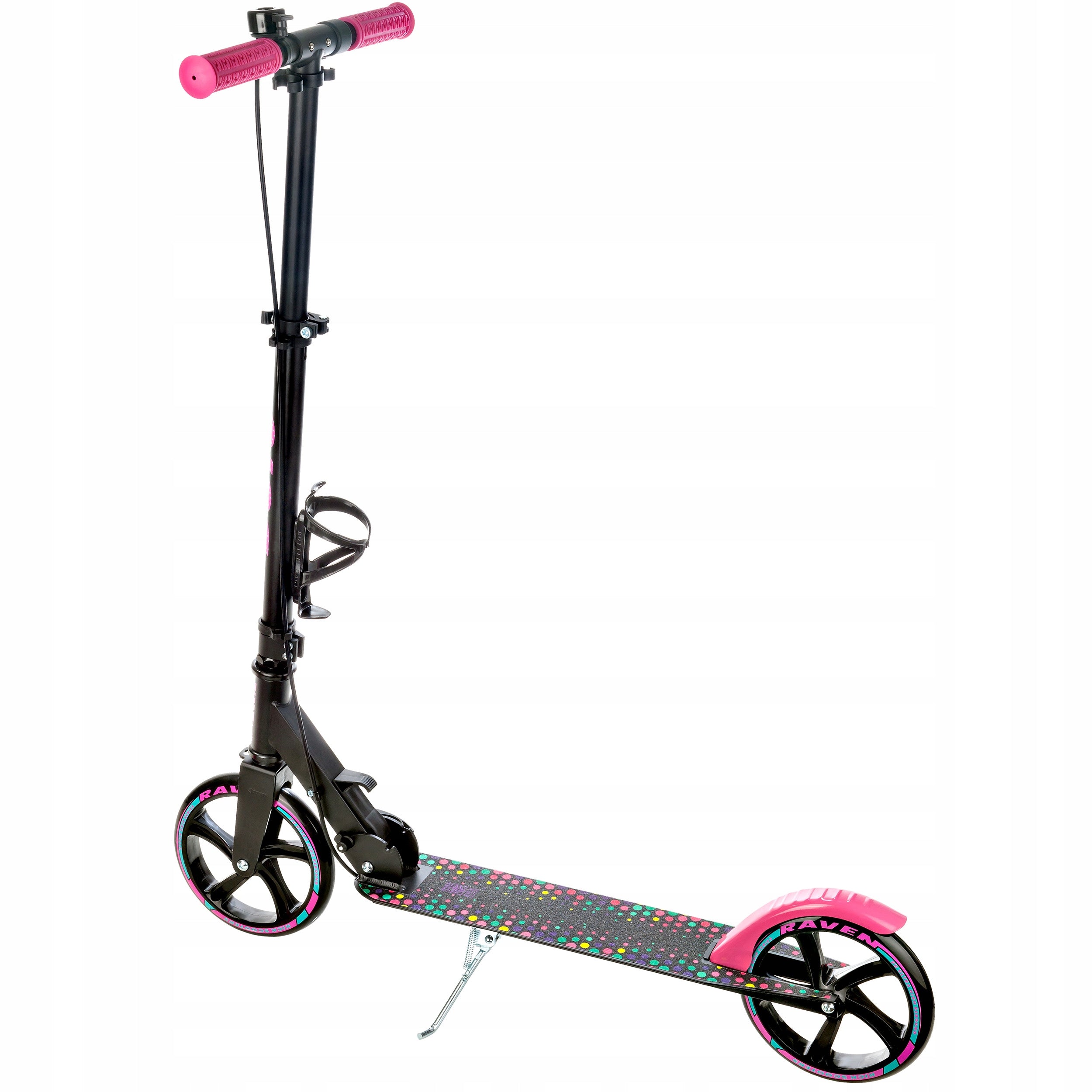 Scooter LARGE Folding RAVEN Dots Black 200mm with brake water bottle holder Brake yes