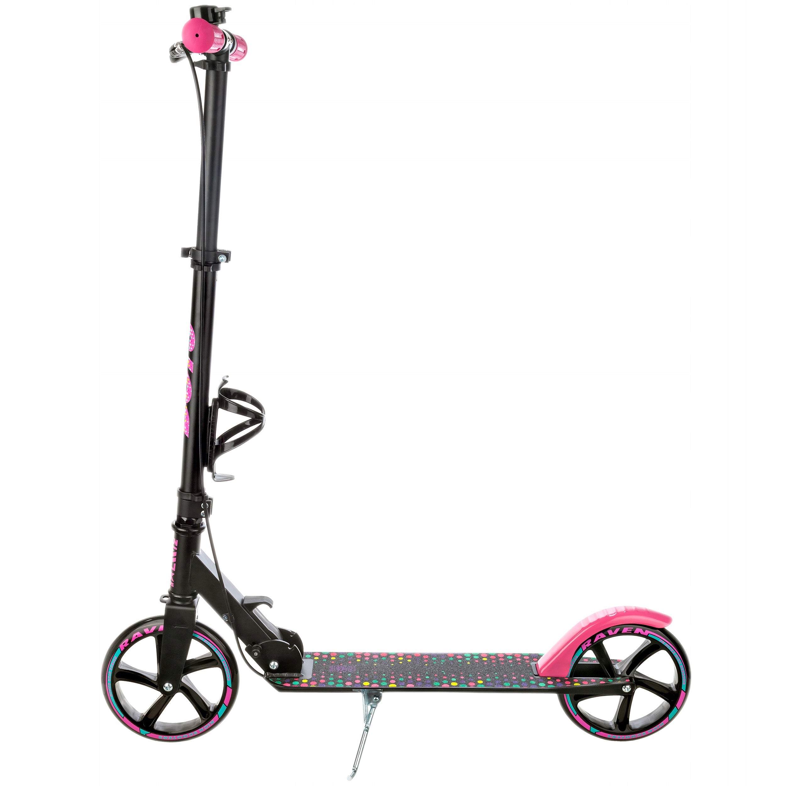 Scooter LARGE Folding RAVEN Dots Black 200mm with brake water bottle holder Wheels natural rubber