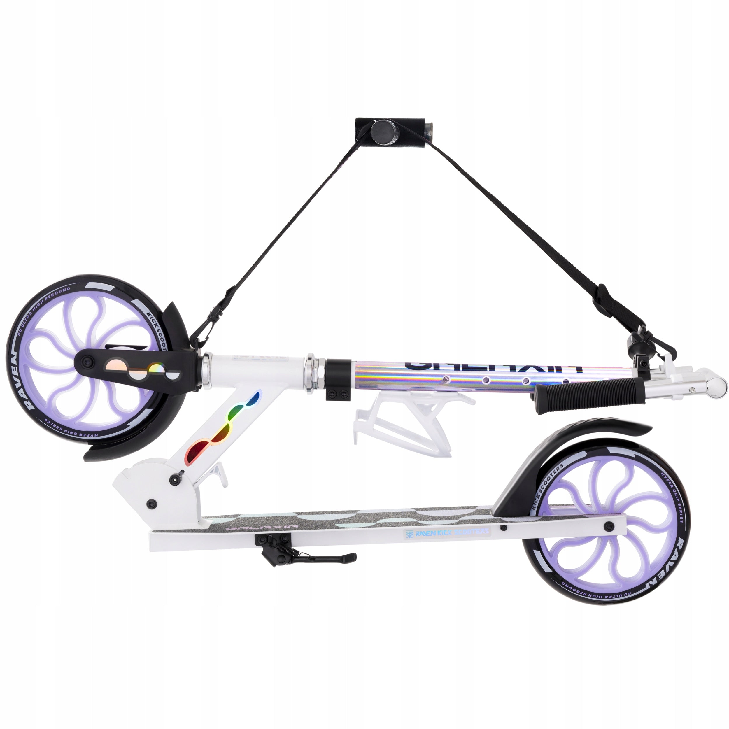 Scooter LARGE RAVEN Galaxia Holo 200mm with basket, bell, LED wheels Color white purple multicolor