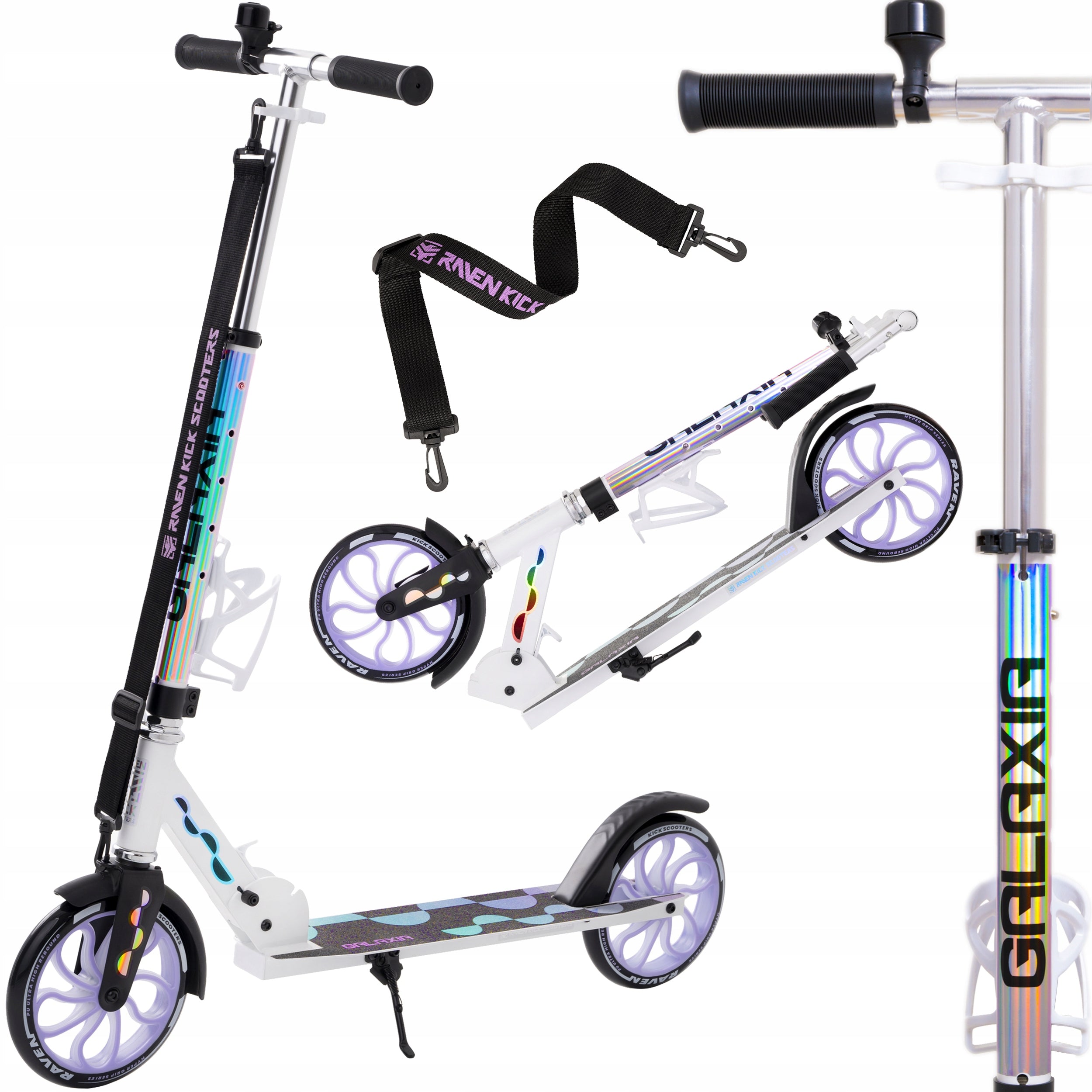 Scooter LARGE RAVEN Galaxia Holo 200mm with basket, bell, LED wheels