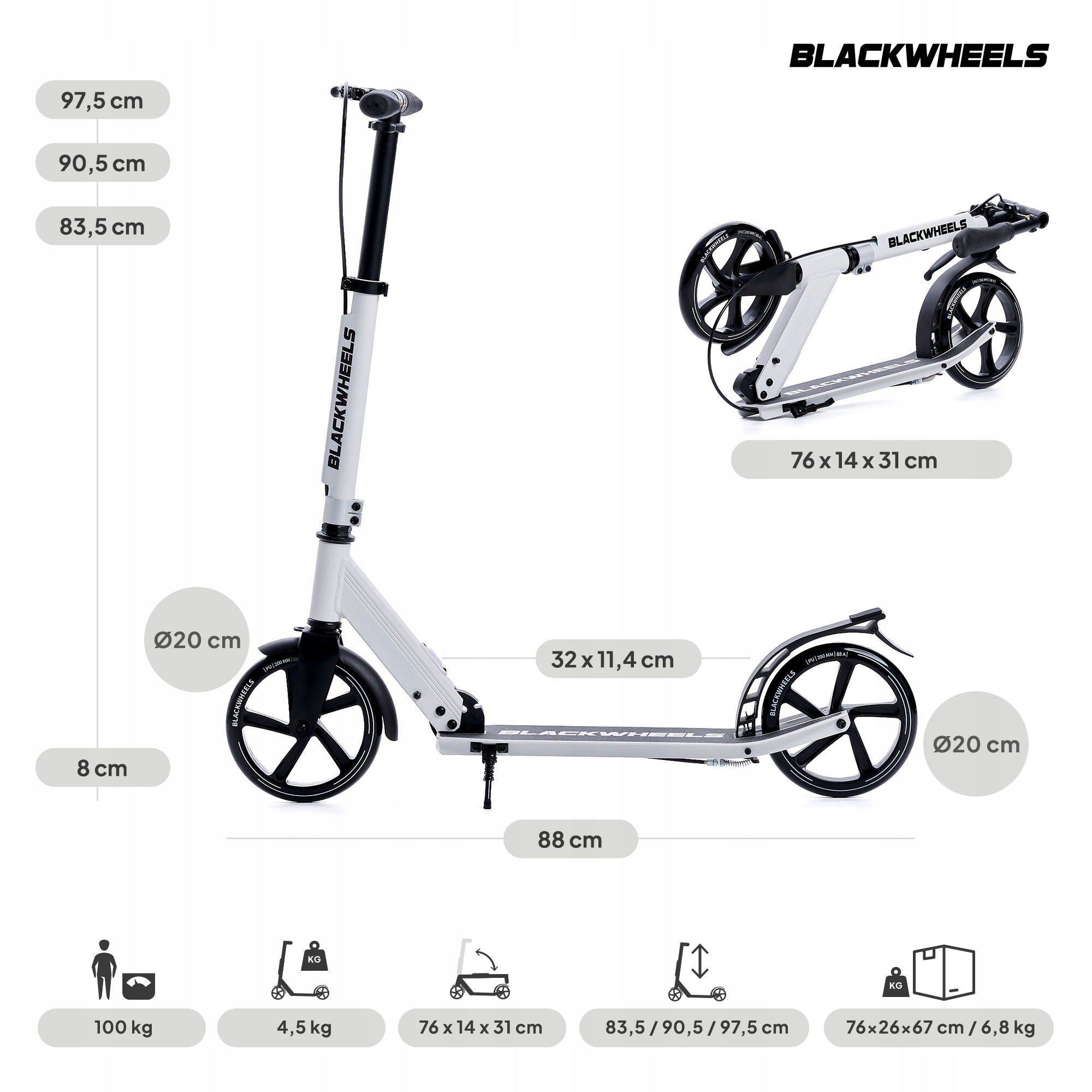 Scooter for Children and Adults Urban Folding with Brake Blackwheels Color white