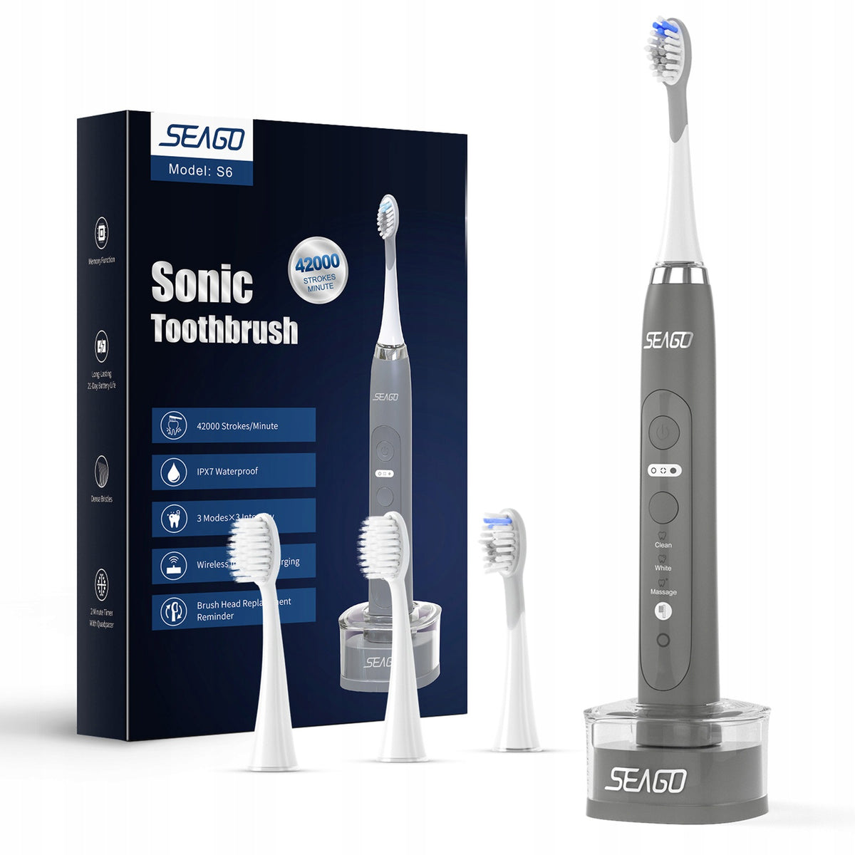 Seago Adult Sonic Toothbrush S6 4 Head Charging ind