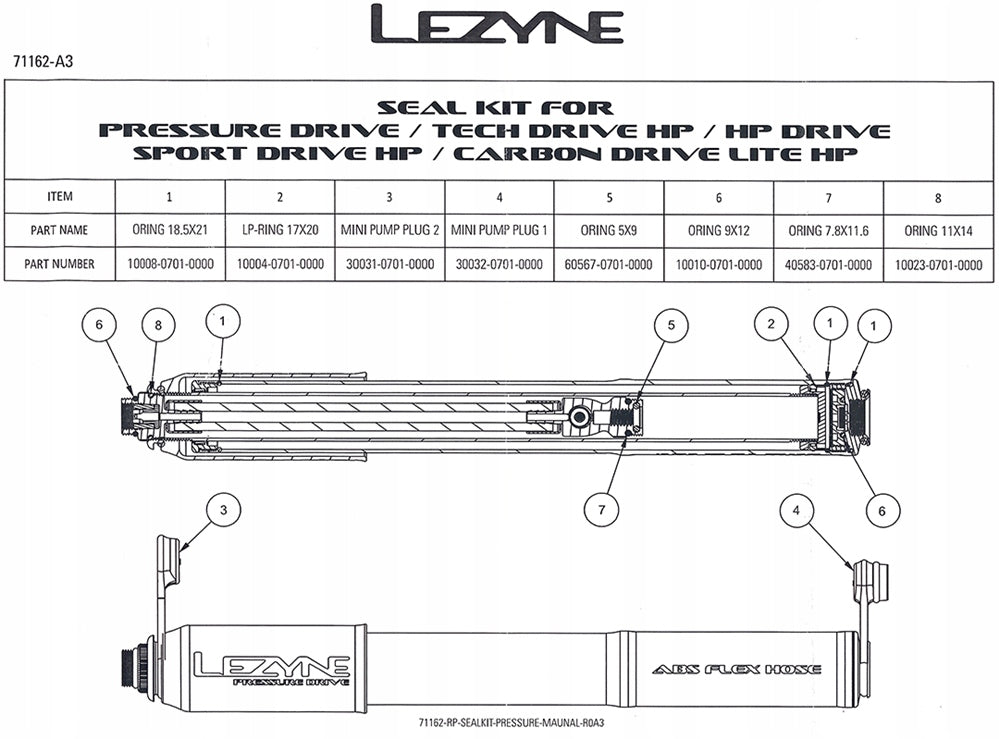 Seal kit for Lezyne Pressure Drive H pump Brand Lezyne