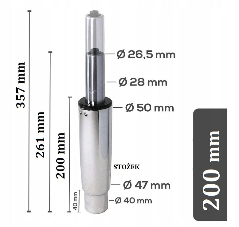 Seat lift cylinder 200/40 mm CHRO 150 KG 4K Manufacturer code 200/40 chrom mm