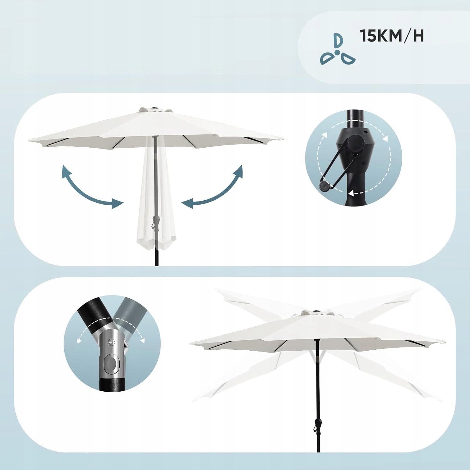 Sekey FOLDING ADJUSTABLE GARDEN TILT UMBRELLA 270cm ALUMINUM 08W Color white