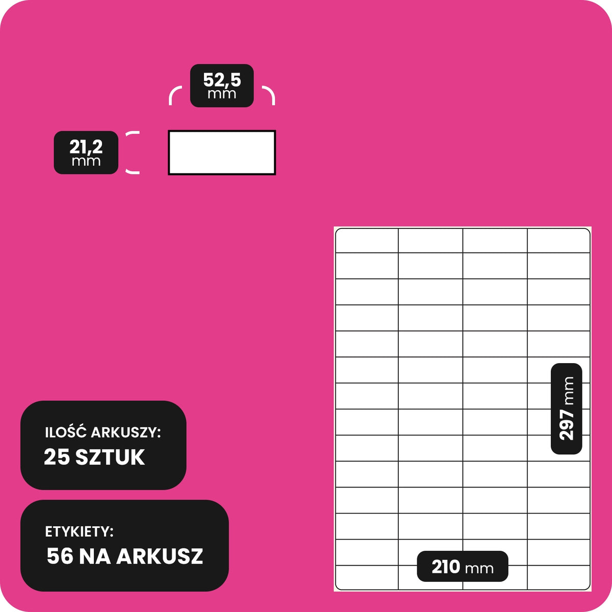 Self Adhesive Labels A4 25 Printer Sheet 52,5x21,2 (56) White Stickers Manufacturer code EME26/25A4