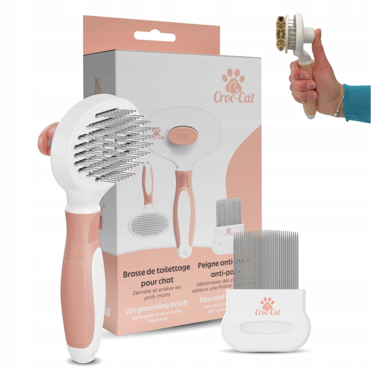 Self-Cleaning Cat Brush for Hair with Flea Comb