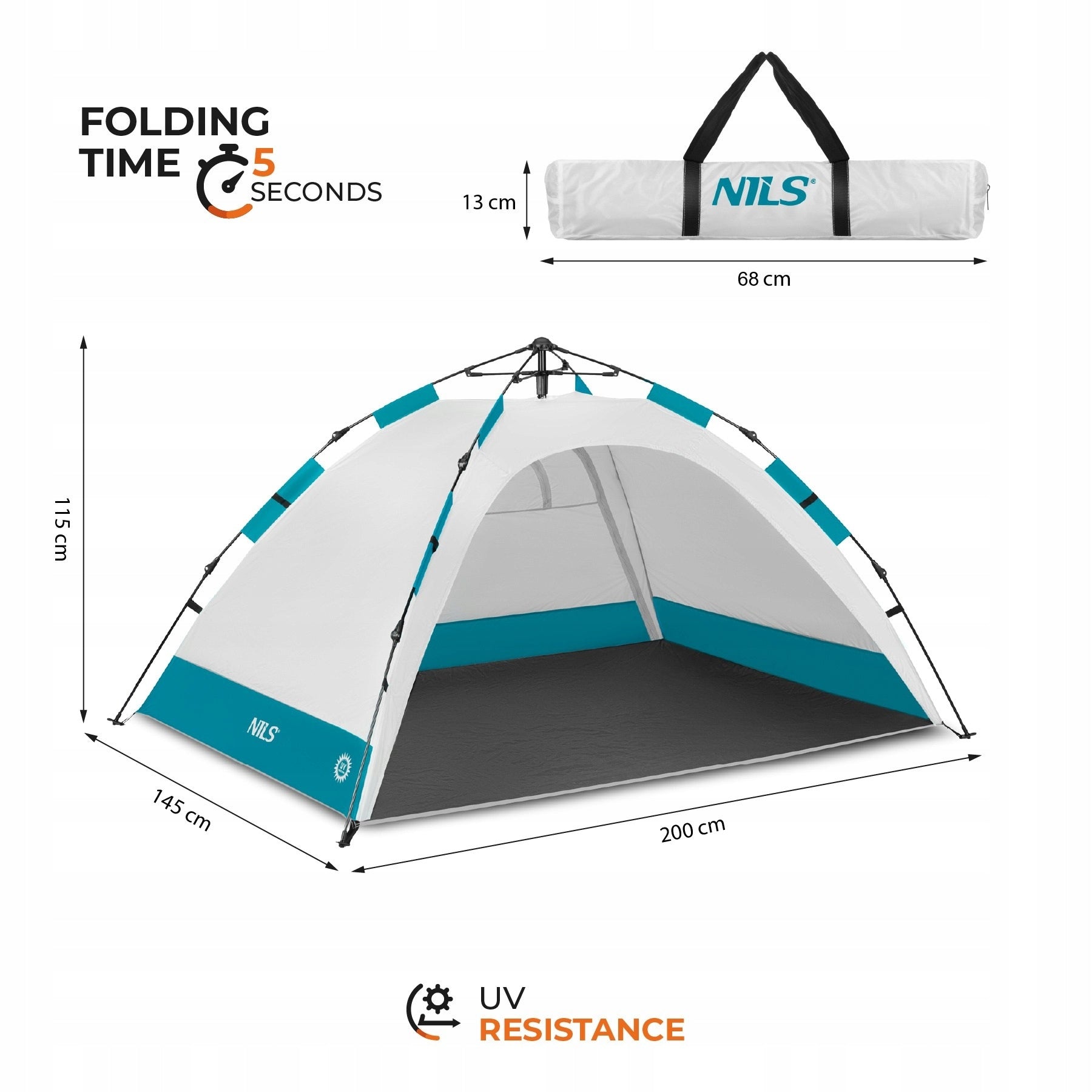 Self-folding tent 200x145cm NILS CAMP NC4802 Grey Quick Installation Manufacturer code 15-04-008
