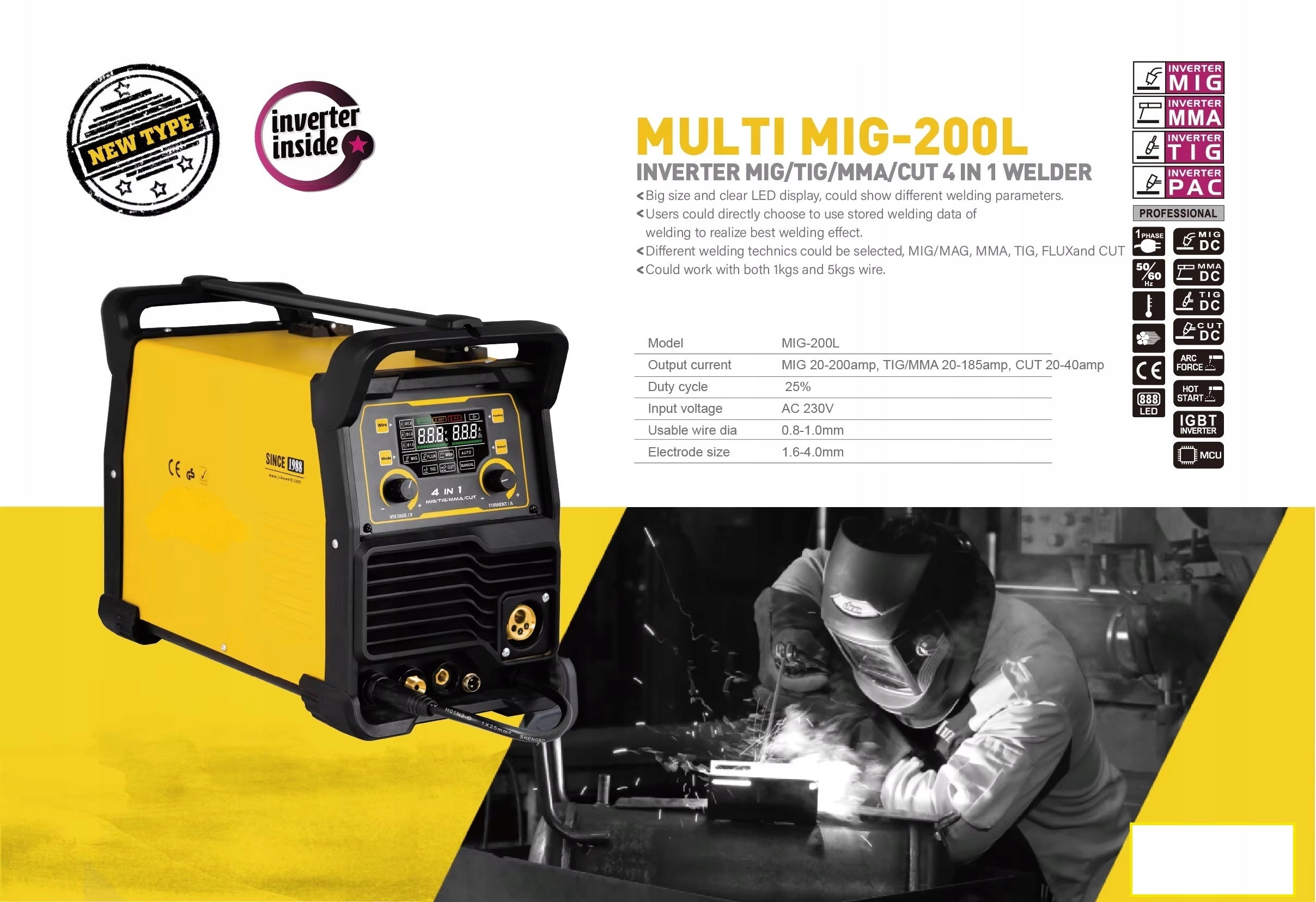 Semi-automatic welding machine migomat 200A MIG/Mag TIG Plasma MMA FLUX 5in1 FERRO EAN (GTIN) 5903878952301
