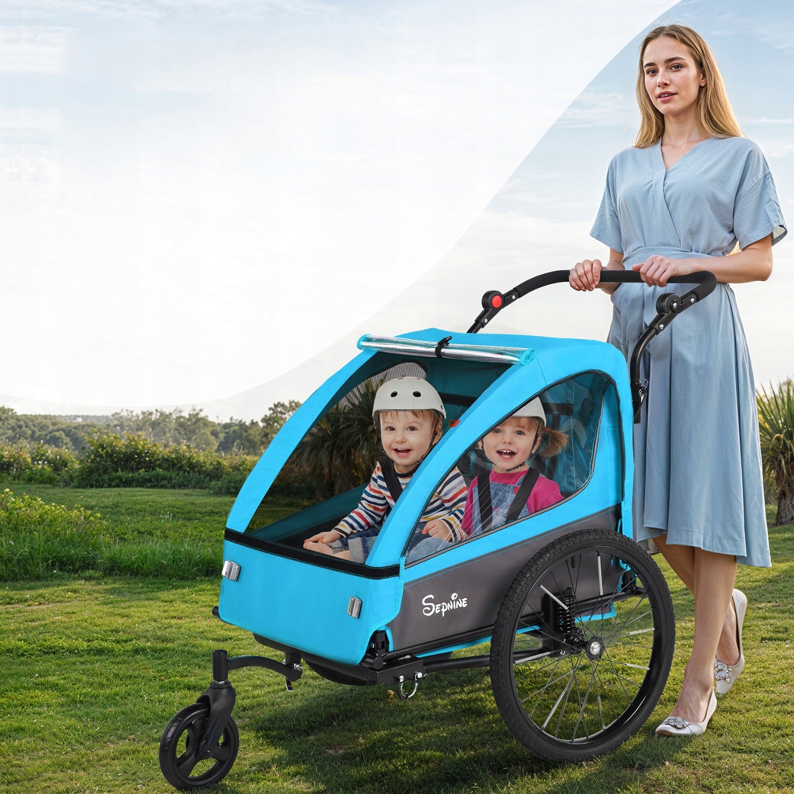 Sepnine 2-in-1 Kids Stroller Bike Trailer Cart Bicycle For 2 seats Max 40kg Model Sepnine 2-in-1 Kids Bicycle Trailer BLUE