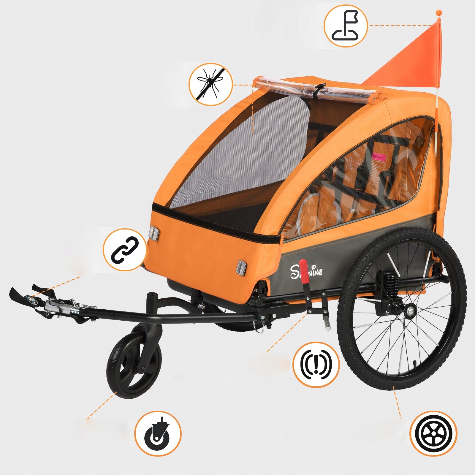 Sepnine Foldable Children's Bike Trailer 2 seats with Suspension & 5-Point Additional features shock absorption safety flag jogger function brake stroller front wheel included hi-vis reflectors 5-point harness pumped wheels adjustable handles foldable trailer design waterproof bicycle trailer hook