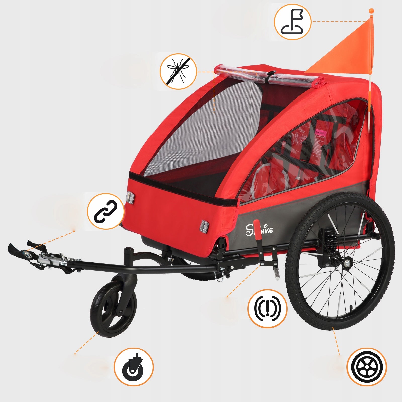 Sepnine Folding 2 seats Kids's Bike Trailer, Suspension and 5-Point Harness Maximum load 40 kg