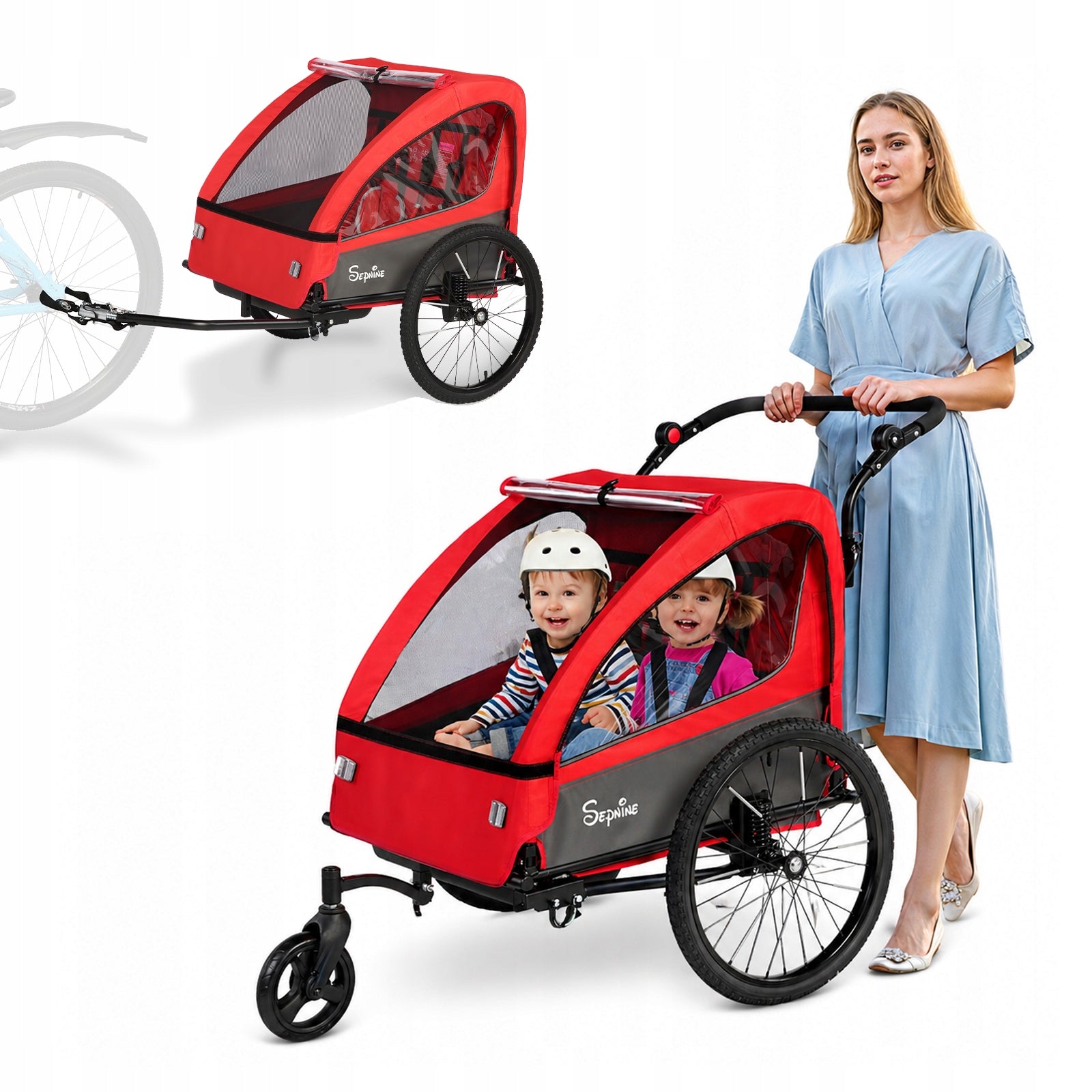 Sepnine Folding 2 seats Kids's Bike Trailer, Suspension and 5-Point Harness