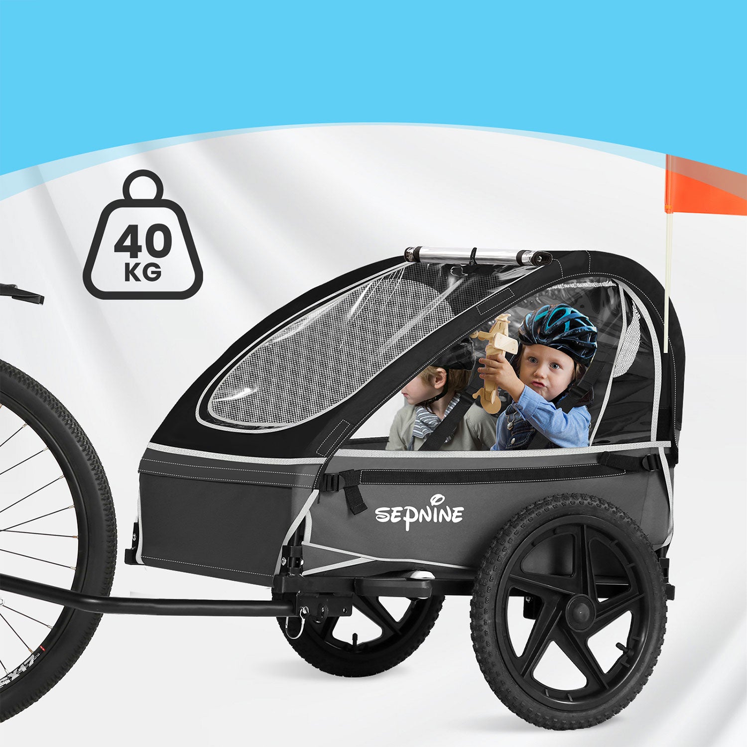 Sepnine Kids Bike Trailer Bicycle Trailer For Baby 2 Seats Max 40kg BLACK Additional features safety flag 5-point harness pumped wheels foldable trailer design waterproof bicycle trailer hook