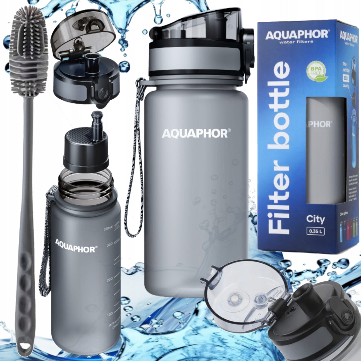 Set AQUAPHOR CITY Filter Bottle Grey 0,35l + Washing Brush