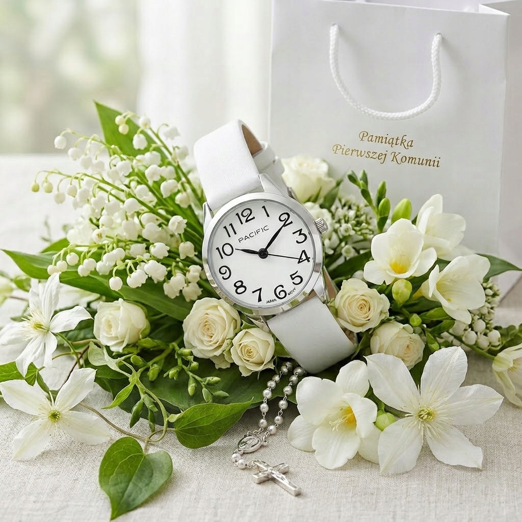 Set COMMUNION watch for communion gift white + Bag and box Model Zegarek na komunię - prezent biało srebrny ZX6131